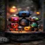 **<https://s.mj.run/8ZWPiUwi6E0> <https://s.mj.run/Zy-CetMk3hk> prizes in an old rundown alien claw machine, Cute Pixar style robots, family made of iridium and rust, red, blue, green, orange, yellow, black, silver, seen thru the glass, black background, sref 129797111 --ar 4:7 --profile xq1185d --v 7.0** - Image #4 <@1002947002323185734>