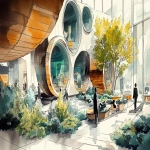 **<https://s.mj.run/Nlu3ItpiLmk> <https://s.mj.run/5Zwnb5PDQNM> an illustration using black pen and watercolour, loose sketchy watercolor and black pen illustration of a futuristic healthcare waiting room filled with plants and animals like lions and penguins walking freely where people are scanned and then led by human looking robots to individual wellness pods, the style is country farmhouse with a fireplace meets zaha hadid organic futuristic architecture highly detailed, unique --ar 16:9 --v 6.1 --s 250** - Image #1 <@999895176619237436>