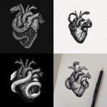 **Create an image of 2 snakes into a live heart. Black and white gothic style, simple** - <@1218139534798229544> (fast)