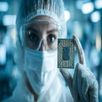 **photo, photo real, realism, film photo, 35mm, film grain, fujifilm, portrait, F1.4, Natural light, dramatic light, modern, reflections, science, white and bright color pallette, a woman engineer in a semiconductor clean room holding up a new microchip design, cinematic, --ar 16:9** - Image #3 <@947348620636729354>