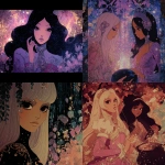 **hand-illustrated anime stills. Belladonna of sadness meets Disney. fantastical gothic sci-fi. gothic glam women, of different ethnicities, some overweight, magical in lens flare toned opulent clothing. Encrusted with diamonds, Leaves, silk, florals. Eerie neon mist traces outlines of surroundings. witchcraft, casting spells by moving glittery energy with their hands, reading lacy books, stirring a black cauldron of potion, secrets, sweetness, forest made of iridescent flames, sunsets, gravity - defying water - 1970s aesthetic. Blue, peach, lilac, green --v 7.0** - <@840730232632639528> (fast)