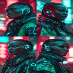 **realistic cyberpunk black female at night in a neon city background, red and turquoise. Strong with light from above, on the face. High contrast. The female is looking towards the camera 3/4 view, she has braids and a side shave, glowing eye cyber gear, glowing ear cyber gear. --ar 9:16** - Variations (Strong) by <@1174469651695144981> (fast)