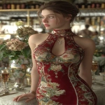 **ultra realistic, highly detailed high necked summer luncheon dress worn by a beautiful young woman standing with a fancy restaurant behind her. HD --v 7.0 --ar 2:3** - Image #1 <@1327691479602298971>
