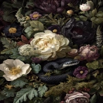 **a dark, moody, victorian oil painting of a black snake slithering through a cluster of flowers in deep tones of black, gray, cream, and dark purple, as well as ferns, moss, and thickets. --ar 3:4 --v 7.0** - Image #1 <@693132661379825714>