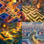 **A vast, colorful maze with treasure chests placed here and there, a person standing at a dead end, looking down in mild disappointment but in a bright and cheerful atmosphere. A glowing digital timer floats above the labyrinth, warm sunlight, vibrant colors, joyful and hopeful Disney-style animation, magical and heartwarming mood, highly detailed, cinematic composition.** - <@1293468415985451029> (fast)