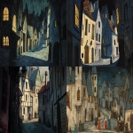 **Medieval illuminated manuscript scene depicting shadowy medieval street with narrow alleyways; small town in pre-dawn darkness; dim torchlight casting long shadows], flat perspective, rich saturated colors, delicate black outlines, 14th century European manuscript style, parchment texture, simplified stylized figures with pale complexions and rosy cheeks, architectural background with blue-gray walls, minimal shading, historical accuracy, --ar 16:9 --v 6.1 --raw** - <@1168965155363762248> (fast)
