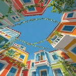 **illustration of colorful houses in the style of marimekko, looking up from below, circular perspective, clear blue sky in the background, with garlands above the roofs. --ar 85:128** - Image #1 <@887290959732305930>