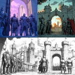 **A futuristic King Arthur and the Knights of the Roundtable standing at the gate to the castle, comic boom art, futuristic, sci fantasy, futuristic armor, comic book line art, in the style of Marvel Comics --v 6.1** - <@333046191875162114> (fast)