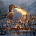 **a huge angry duck breathing fire out of his beak down onto a snowy medieval fortified village in the mountains. The giant duck has feathers that are softly glowing with a golden hue. Some of the wooden buildings are already on fire.** - Image #3 <@705576913632100503>