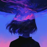 **a woman's head from behind in the dark looking up at the sky. The sky is beautiful and filled with stars and streaking details of color. --niji 6** - Image #1 <@656961830371196938>