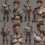 **Character design sheet. Realistic 3d rendering. Character design sheet of a ruggedly handsome, Hyper muscular handsome half orc, bodybuilder, bright silver eyes, short curly red Mohawk, short pointed ears, defined muscles, Huge leg muscles, huge pectoral muscles, big arm muscles, vascular hyper muscular, wide Grecian nose, strong square jaw, defined cheek bones, masculine features, freckles, Bodybuilder, short pointed ears, wearing Roman gladiator armor. --v 7.0** - Variations (Strong) by <@1222981214734913607> (relaxed)