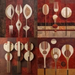 **three hanging abstract plates with long fork shapes attached by thin vertical lines, flat geometric forms, mask-like ovals, matte cream tones, deep red-brown textured background with layered dry brush strokes, silent ceremonial atmosphere, simplified symbolic shapes, Peggy Kuiper inspired** - <@1247660892770795582> (fast)