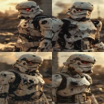 **Photorealistic cinematic portrait of anImperial Stormtrooper T-800 cyborg**. The iconic white armor is heavily damaged, with large sections of plasteel plating missing from the torso, arms, and head,exposing a polished chrome endoskeleton** with visible mechanical pistons underneath. One glowing red cybernetic eye stares from the broken helmet. Standing in a ruined city at sunset. Golden hour, dramatic long shadows, volumetric light, atmospheric haze. --ar 9:16 --v 6.0 --raw** - Variations (Strong) by <@692146423638261810> (fast)