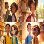 **a medium shot of two realistic illustrated happy 8-year-old students from America, they have a well-defined noses and well-defined jawlines, the first student is an African American female with light brown eyes and very short black hair, the second student is a dark African American female with light brown eyes and curly black hair, they stand with their head and neck and shoulders completely square to the camera and facing forward, their entire body is facing forward, they wear backpacks, they have large headphones on their head, they stand in a library, it is daytime, the sun is shining bright, high-definition, anime-style, --ar 16:9 --niji 6** - <@1065025086664474674> (relaxed)