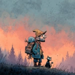 **<https://s.mj.run/RTecCqauTFQ> Reimagine this clean cartoon illustration in a painterly, atmospheric style. Use muted earthy tones blended with halloween colored pastels, textured brush strokes, and hazy gradients in the sky. Hiking through the forest with his cat. In the Pacific Northwest near the mountains during blue hour. Apply loose, expressive linework with subtle shading, crosshatching, and worn textures. Add depth and warmth through cinematic lighting and moody color grading. Expressions should remain exaggerated yet nuanced, balancing humor and melancholy within an atmospheric, storybook-like setting. Color Palette: 20% pastel periwinkle 40% pastel cotton candy 20% pastel sekura pink 10% pastel celadon 10% pastel black** - Image #1 <@757787837981786134>