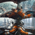 **A pilot in an orange and white spacesuit sits inside the cockpit of their spaceship. They are looking out at other ships docked behind them. Outside, we see a sci-fi cityscape, a digital painting of a futuristic concept art scene. --ar 51:64** - <@264129597782753313> (fast)