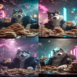 **A hyperrealistic, cinematic photo, low-angle shot from table height. The subject is a charismatic anthropomorphic Siberian Husky with piercing cyan-glowing eyes, smirking coolly at the camera. He's wearing a fur-lined black leather jacket and a silver chain, lounging in an opulent nightclub VIP booth. He holds up a crystal lowball glass containing amber liquor and a single large, clear ice cube. On the table is an extravagant mountain of gourmet dog biscuits. The atmosphere is thick with haze, with dramatic volumetric light beams and vibrant cyan/magenta neon glows. Extremely shallow depth of field, creamy cinematic bokeh, tack-sharp focus on the husky. Unreal Engine 5, Octane Render, 8k, extreme detail, award-winning photography. --ar 9:16 --v 7.0** - <@692146423638261810> (relaxed)