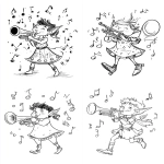 **A whimsical storybook coloring page illustration of a joyful elf playing a trumpet. The elf is marching with high knees and puffing out their cheeks. Musical notes are floating in the air. The elf wears a tunic with bells. Clear black outlines, engaging scene, activity page style. --ar 17:22 --stylize 50 --v 6.1 --no shading, color, grey, gradients, realistic, photo, 3d, shadows, filled-in** - <@1056554354854854686> (fast)