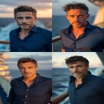 **middle-aged man in his late 40s, fit build, slightly weathered yet attractive face, gray-green eyes with calm intensity, short tousled dark brown hair with subtle silver streaks, light tan skin, dressed in a fitted blue button-up shirt with sleeves rolled, open collar, relaxed but confident posture, standing on the deck of a cruise ship at sunset, soft warm lighting, sea breeze moving his hair, cinematic realism, shallow depth of field, 85mm portrait photography style --ar 2:3 --v 7.0** - <@876267919003238460> (fast)