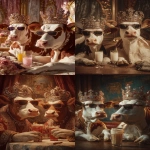 **Ultra HD profile photo of two king cows sitting at a table at a club, wearing crowns with lots of gems on the crown, wearing sunglasses. the two cows are at a party and are holding their arm out with drinks in their hands doing a cheers motion to celebrate. background is decorated with a royal theme. taken with a cannon eos, hyperrealistic, natural lighting --ar 2:3 --raw** - <@1103975769467789322> (relaxed)