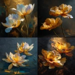 **two elegant flowers positioned in perfect harmonious composition, illuminated by a divine warm golden light that falls softly from above, deep dramatic shadows creating emotional depth, rich painterly impasto with extremely thick sculptural layers of oil paint, luxurious golden undertones woven into the texture, fully covered background with heavy layered paint --no visible canvas, cracked antique surface and aged varnish effect, warm earth tones blended with subtle gold, atmospheric glow, timeless classical beauty, emotional stillness, museum-quality fine art, no text, no watermark, no signature, no initials --ar 4:5 --v 7.0 --q 2 --raw** - <@1313398896784834591> (relaxed, stealth)