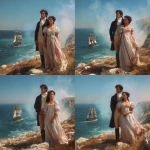 **photograph type picture of a gorgeously handsome man with dark hair and blue eyes dressed in Regency era clothing. He is standing on a cliff top with a beautiful woman also wearing Regency era clothing - empire line dress with high waist. They are holding hands and watching a sailing ship of the type like HMS Victory. It is sunny. They are happy --v 7.0** - Variations (Subtle) by <@1160482508425658468> (fast)