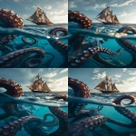 **kraken attacking a sailboat in the sea with tentacles, hdr, low angle view --ar 4:7 --v 7.0** - Variations (Subtle) by <@585362301041770519> (fast)