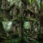 **ancient ruined stone castle overgrown by nature, towering arches broken and swallowed by thick roots, ivy crawling up shattered walls, trees growing through stairwells and collapsed roofs, moss-covered bricks splitting under pressure, Greenman presence implied in the foliage (subtle face forms in vines, bark shaped like watching eyes), moat filled with earth and wild plants, atmosphere of timeless reclamation, soft diffused light, deep greens, mist curling around the ruins, cinematic realism, ultra-detailed textures, mythic and haunting mood, lush forest reclaiming human architecture, symbolic sense of nature’s slow vengeance, 4k, photography-grade lighting, high-detail stone and bark textures, dramatic composition, cinematic depth of field** - <@876267919003238460> (fast)