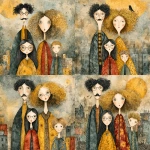 **whimsical photorealistic illustration of a fathers d mother with their girl and boy, father has black hair and a moustache, he’s wearing glasses, mother has curly blonde hair and she’s wearing glasses girl has dark brown hair and she’s wearing glasses, son has light brown hair --v 7.0 --p b3kgthr --s 750** - Variations (Strong) by <@520759084903956481> (fast)