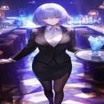 **Anime, A night club filled with smoke and mirrors that reflect the single beauty walking forward, it's a woman in a business jacket and a long pencil skirt, dark brown stockings, she's carrying a tray with a large pitcher of ice, her hair midnight blue with purple tips and short cut hair ending around the shoulders, confident smile, narrow squinting blue eyes, pencil thin black eyebrows flat --ar 3:5 --niji 6** - Upscaled (Creative) by <@372629349565988865> (fast, stealth)
