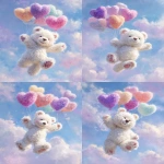 **fluffy white teddy bear flying with pastel heart-shaped balloons, soft fur texture, dreamy sky background, oil painting style, soft brushstrokes, whimsical and cute, pastel colors, highly detailed, fantasy illustration --ar 3:4 --v 7.0** - Variations (Strong) by <@1260560390853754923> (fast)