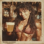 **1983 polaroid photo, full body, drunk beautiful young tanned black-haired woman, muscular fitness bodybuilder female, background is a tiki bar on a Florida beach. Holding out a plastic cup with freshly poured frothing beer, she has long curly hair with sidelocks ringlets and braids, thick eyebrows, amber eyes, big long straight nose lots of freckles, moles above mouth and under eye, short weak chin, chubby cheeks, friendly easy-going smile, intricate details, sign text "FREE BEER TOMORROW - BRING YOUR SPELEOTHEM" --ar 3:4 --v 7.0** - Image #2 <@538878031226470440>