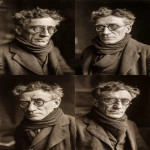 **1920s half-length photo portrait of a 50-year-old man in a worn-out suit, a wool scarf partially covering his lower face, large vintage glasses, thick black hair with streaks of gray, slightly unkempt, tired eyes, dimly lit study, clear facial features, 35mm lens, f/1.8, accent lighting, global illumination q 2 --ar 2:3** - Variations (Strong) by <@347458500403920897> (fast)
