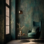 **Dark green and gold vintage wallpaper with a metallic sheen, intricate patterns, and a luxurious feel, set in a dark room. An elegant armchair and coffee table sit in front of the wall, with soft lighting casting gentle shadows on the textured surface. --v 7.0 --ar 3:2** - Image #3 <@1313000520759377972>