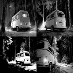 **black and white sketch Frank Miller style, the backside of a VW T2 close-up from side, parked on a forest road at night, no light . --ar 3:2** - <@1079526535603699793> (fast)
