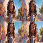 **a medium shot of a realistic illustrated happy 7-year-old African American female student from America, they have a well-defined nose and a well-defined jawline, they have brown eyes and long dreadlocks, they stand with their head and neck and shoulders completely square to the camera and facing forward, their entire body is facing forward, they wear a backpack, they have large headphones on their head, they stand in front of a white wall with bright graffiti art spray painted on it, it is daytime, the sun is shining bright, high-definition, anime-style, --ar 16:9 --niji 6** - Variations (Subtle) by <@1065025086664474674> (relaxed)