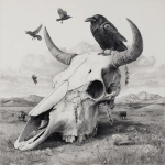 **dibujo de cráneo de vaca con plumas colgando de sus cuernos en un paisaje desértico** - Image #2 <@1099054943794647211>