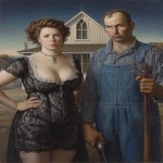 **<https://s.mj.run/AWAnPn8tRcg> twilight, dusk, an oil painting depicting a beautiful full figured woman in a provocative short dress and apron and an athletic angry man in blue overalls holding a pitchfork, odd poses, provocative silk black lace fashion, with an american farmhouse in the background. --ar 3:4 --chaos 3 --iw 0.5 --v 7.0** - Image #4 <@988364629556199494>