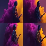 **make a cover, leave space for text on the left, dark smoke and empty purple space on the left, make the left space dark, neon guitar, black background, purple-yellow style, hyperrealism style, minimalism --ar 7:4 --s 250 --raw** - Variations (Strong) by <@1189578992479633449> (fast)