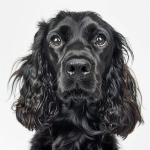 **Adult Cockerspaniel show dog, fur colour black, facing forward, relaxed mood, eyes looking directly into the camera lens, in focus, head shot, indoor studio lighting, white background, portrait, one key light and two fill lights to brighten the entire face, photorealistic--v7.0 --v 6.0** - Image #1 <@961150162703626290>