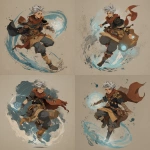 **fantasy art style. young air genasi misty stepping. He is a cleric with black hole iconography. he has bits of rogue gear mixed into his robes, such as a leather pauldron** - Variations (Strong) by <@784252075265490974> (fast)