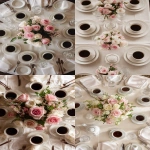 **simple, yet elegant tabletop, view is looking down on it, elegant ivory linen tablecloth, centerpiece of pink and white roses, six (6) steaming coffee cups symmetrically place at each table setting --ar 2:3 --v 7.0** - <@1141845422852280493> (turbo)