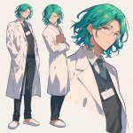 **A middle-aged male doctor in a white coat, green bob hair, good-looking, wearing slippers, formal attire, name tag, full body --niji 6** - Image #4 <@915835811092656128>