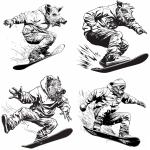 **black line art illustration, simple tattoo-style outline, dynamic snowboarder mid-jump, clean bold lines, minimal shading, white background, detailed winter clothes, expressive motion, wild boar head instead of the original head, large tusks, aggressive expression, smooth flowing linework, high contrast, stylized minimalistic design --v 6.0 --ar 1:1 --raw** - <@1411409201405624532> (fast)