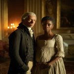 **Old Thomas Jefferson with flat white hair and short fringe, and a pregnant beautiful, part African Sally Hemings at the ornate Monticello mansion, late 18th century, standing in a softly lit interior with period-accurate clothing, looking at camera, Jefferson in refined colonial attire, Hemings in modest dress of the era, Old Thomas Jefferson and beautiful Sally Hemings, warm natural window light, nuanced expressions, dignified and respectful tone, historical realism, rich decor, photography, aesthetics, high resolution. --ar 4:5 --v 7.0 --no smiles** - Image #4 <@1121132320154452121>