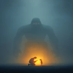 **A vertical, cinematic scene set in thick, misty fog. In the background, a colossal, ghostly figure stands facing directly forward the massive shoulders and torso of a humanoid giant with a head made entirely from the U.S. Capitol dome. The dome is seamlessly integrated, intimidating, expressionless, and symbolic of systemic power and political threat. The giant looms in silence, ethereal and cold, with minimal detail except strong architectural and structural weight in its form. In the foreground, a glowing doctor figure kneels with deep compassion. The figure is made entirely of radiant light warm gold and white and is gently listening to the heartbeat of a small glowing child using a clearly visible stethoscope. The doctor’s posture is intimate and protective. The child stands calmly, trusting. Both figures glow from within and are the only light source in the scene, casting light into the fog that gently reveals the presence of the looming Capitol-giant. The composition emphasizes the massive scale contrast between the giant and the glowing human figures. Visual style is painterly or digital illustration poster-ready, dramatic, and reverent. Chiaroscuro lighting, soft fog diffusion, and strong emotional impact. Use warm glow for the figures and cool grays and blues for the giant and background. Emotion: quiet defiance, compassion under pressure, light in systemic darkness. --ar 2:3 --v 7.0** - Upscaled by <@801873084395028480> (fast)