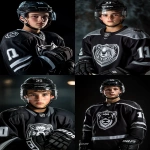 **Upper body portrait of a charismatic 14-year-old Canadian male ice hockey player, wearing a modern black and silver uniform with chrome accents and a bold NHL-style bear logo on the chest, black gloves, helmet with clear glass visor. Charismatic, confident, determined expression, youth NHL rookie energy, styled like an official NHL promotional poster. Ultra-realistic dramatic sports photography, cinematic studio lighting with bold contrast, HDR effect, sharp detail, intense focus. Captured with a Sony α7R IV camera, 85mm lens, f1.2 aperture --ar 2:3 --raw --v 6.1** - <@1007029574430892245> (fast, stealth)