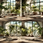 **A close-up shot of the empty wine glasses and a wine bottle opener on a wooden dinning table, in front of wine cellars and plants. The focus is on the wone glasses, set against soft natural light creating gentle shadows. A blurred background reveals an open space filled with greenery and sunlight streaming through large windows. Ultra realistic product photo. --ar 9:16 --v 7.0** - Variations (Strong) by <@1218331998956027987> (fast)