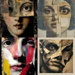 **Abstract expressionist grotesque archaic dadaist painting of a schematic drawn woman with a fragmented drawn mask plastered face, one eye hyperreal enlarged, disproportionately large, the portrait is small, gnome, realistic yet surreal, modern, minimalist, 22nd century good-natured, trendy, cool, attention-grabbing futuristic poster-like anatomical collage montage painting image pop art op art secession artdeco style. Warhol, Liechtenstein, in its style a photo-like portrait painting.** - <@1177255865196220426> (fast)