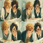 **two male designers discussing a style guide in the style of quentin blake. one of the designers is white, english with really tight, curly light brown hair, the other designer is asian with dark brown hair and glasses. --chaos 5 --stylize 150 --ar 8:5** - Variations (Strong) by <@409716268476923920> (fast)
